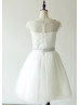 Sheer Cap Sleeves Ivory Tulle Chic Short Wedding Dress